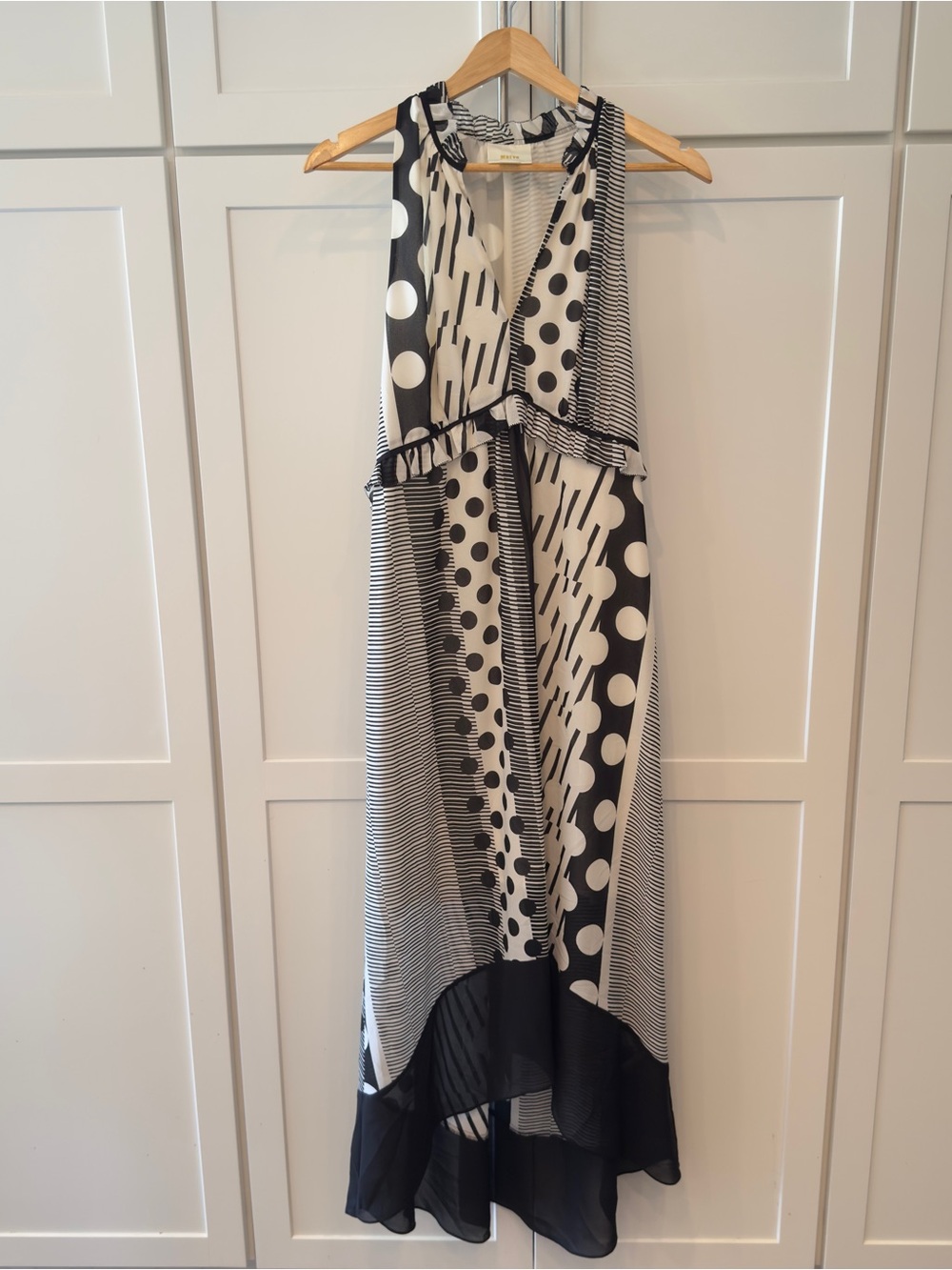 Anthropologie Maeve Channeled Dot Maxi Dress Black White High-Low Size 12